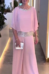 Casual Solid Sequins O Neck Two Pieces